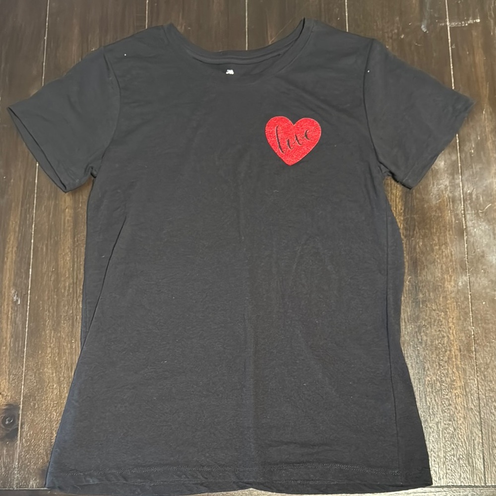 Black T-Shirt with Red Heart Patch